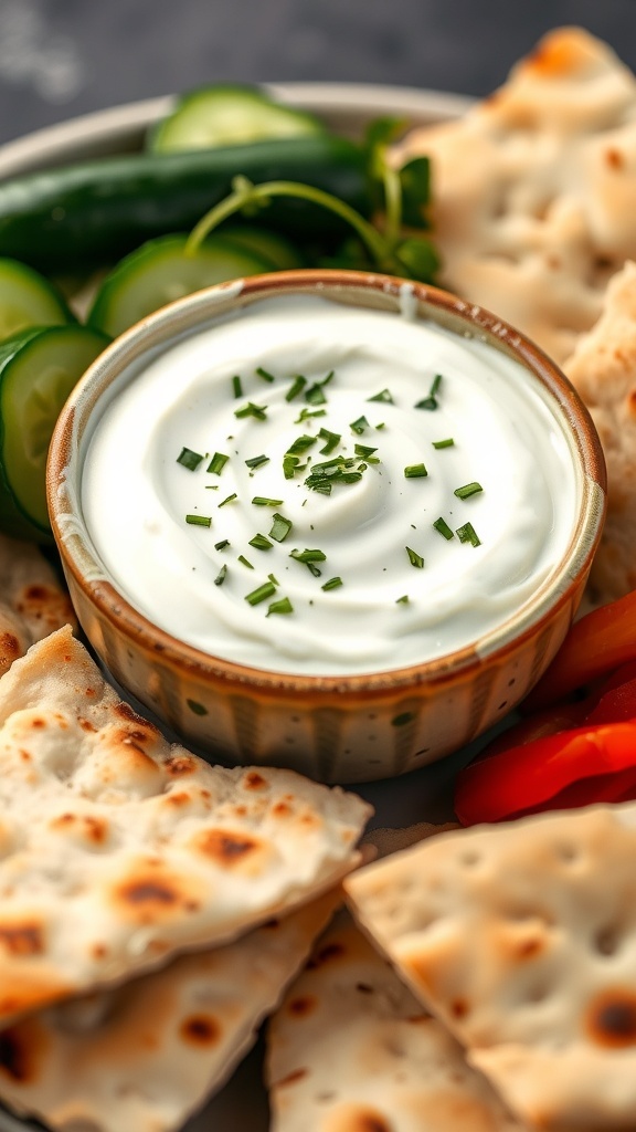 A bowl of creamy feta yogurt sauce with fresh herbs, surrounded by vegetables and pita bread.